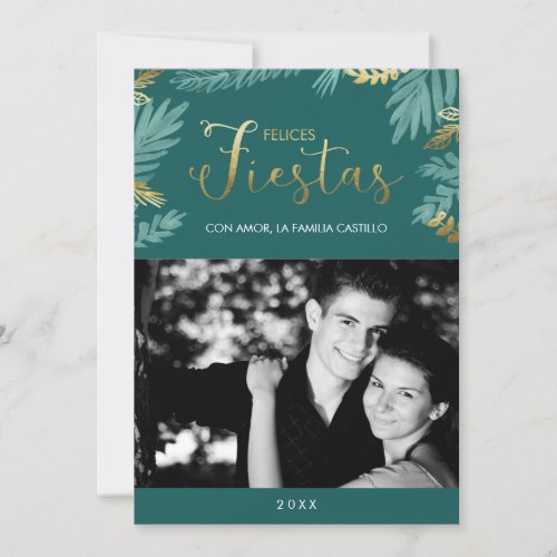 Gold and Green Felices Fiestas Photo Holiday Card