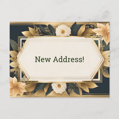 Gold and Green Floral and Frame New Address Postcard