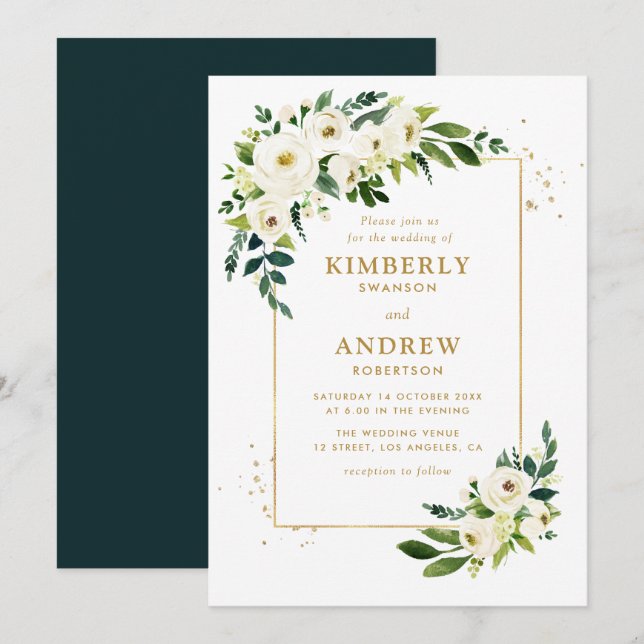 gold and green floral wedding invitation (Front/Back)