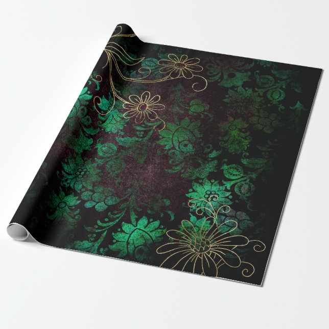 Gold and Green Floral Wrapping Paper (Unrolled)