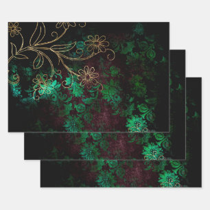 Gold and Green Floral Wrapping Paper Sheets