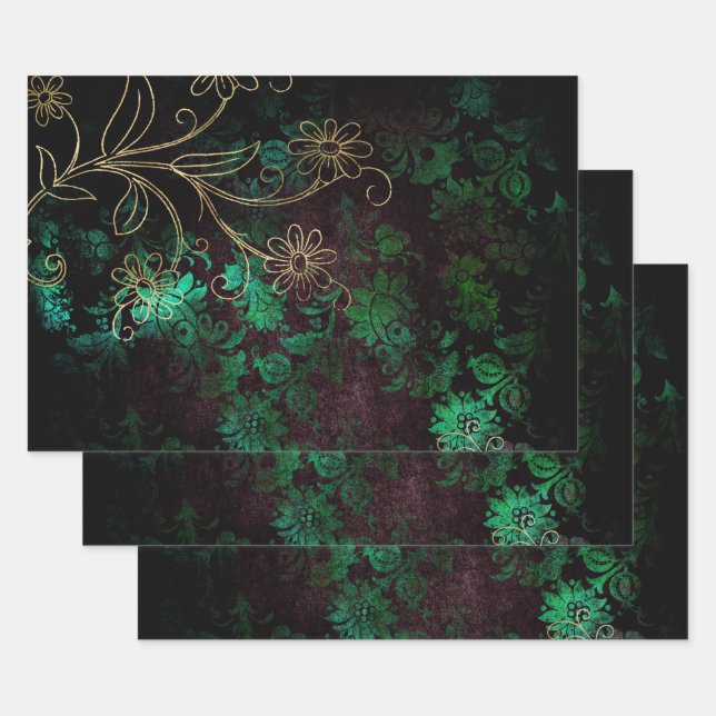 Gold and Green Floral Wrapping Paper Sheets (Set)