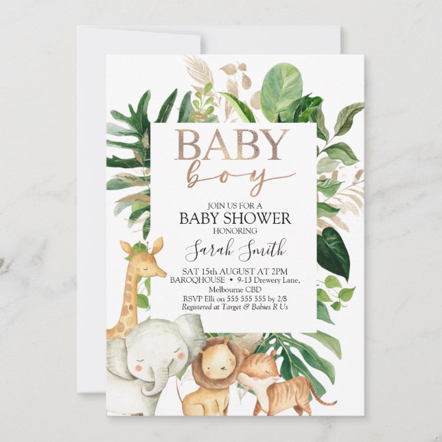 Gold And Green Foliage Boys Safari Baby Shower Invitation (Front)