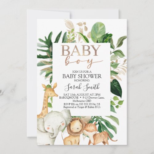 Gold And Green Foliage Boys Safari Baby Shower Invitation