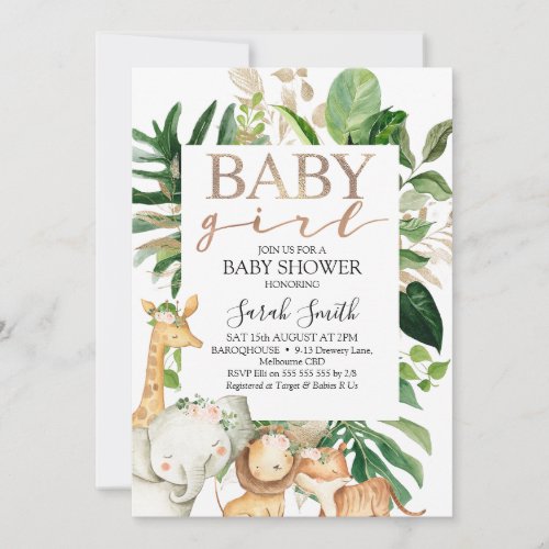 Gold And Green Foliage Girls Safari Baby Shower Invitation
