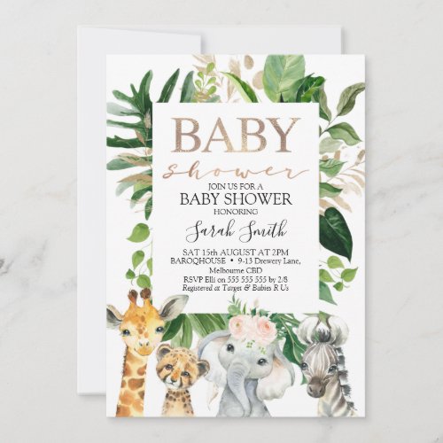 Gold And Green Foliage GIrls Safari Baby Shower Invitation
