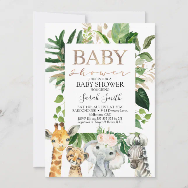 Gold And Green Foliage GIrls Safari Baby Shower Invitation | Zazzle