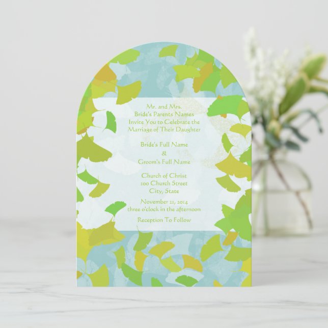 Gold and Green Ginkgo Tree Leaves Wedding Invitation (Standing Front)