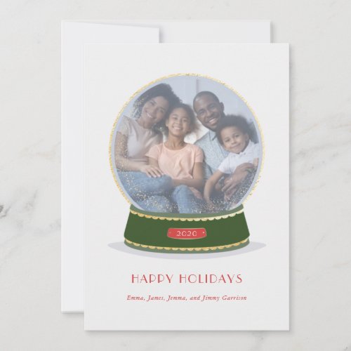 Gold and Green Glimmer Snow Globe Holiday Card