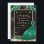 Gold and Green Glitter Dress 21st Birthday Invitation<br><div class="desc">This glamorous design features rich emerald green glitter paired with luxurious gold accents for a bold, upscale party aesthetic. The sparkling gown silhouette and metallic framing create a dramatic, fashion-forward look with a touch of red-carpet elegance. Subtle shimmer details and deep jewel tones give the design a high-end, celebratory feel...</div>