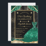 Gold and Green Glitter Dress 21st Birthday Invitation<br><div class="desc">Elegant green glitter watercolor dress with black foil background,  green and gold glam edges and diamonds design.</div>