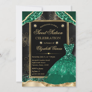 Gold and Green Glitter Dress Sweet Sixteen Invitation