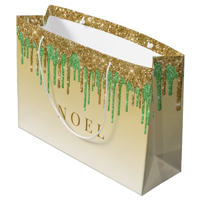 Gold and green glitter drips large gift bag (Back Angled)