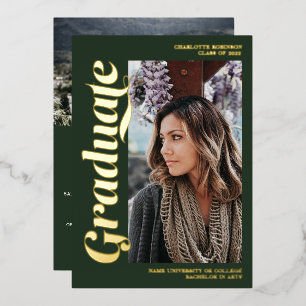 Gold and green graduate script 3 photos graduation foil invitation
