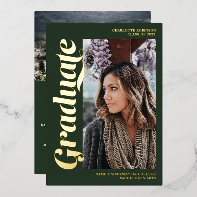 Gold and green graduate script 3 photos graduation foil invitation (Front/Back)