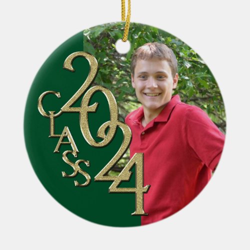 Gold and Green Graduation Class of 2024 Photo Ceramic Ornament