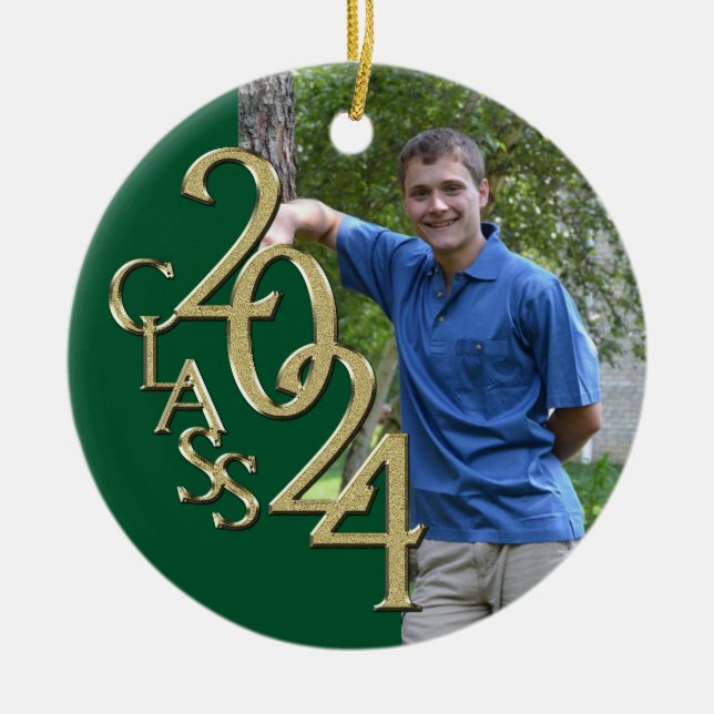 Gold and Green Graduation Class of 2024 Photo Ceramic Ornament (Front)