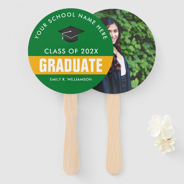 Gold and Green Graduation Personalized Hand Fan (Front and Back)