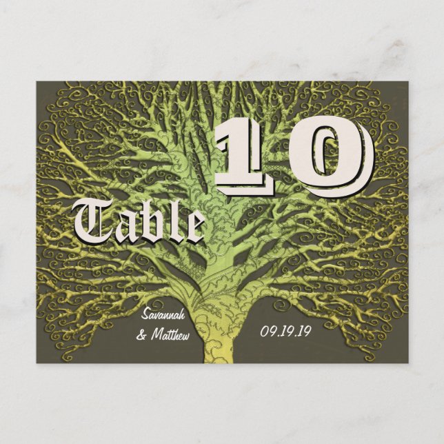 Gold and Green Gray Damask Tree Table Number (Front)