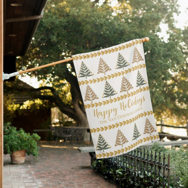 Gold and Green Happy Holidays Trees double sided House Flag (In SItu)