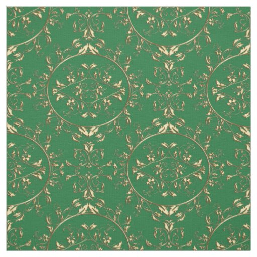 Gold and Green Holiday Damask Print Fabric
