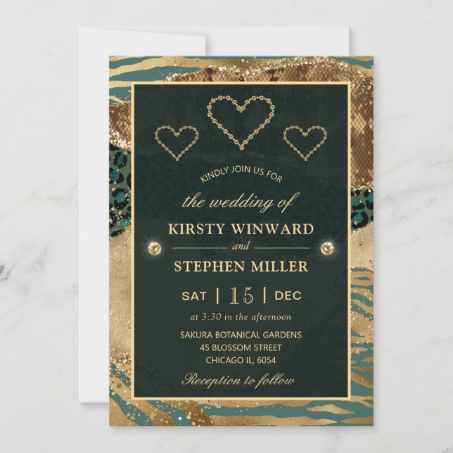 Gold and Green Jungle Safari & Glitter Wedding Invitation (Front)