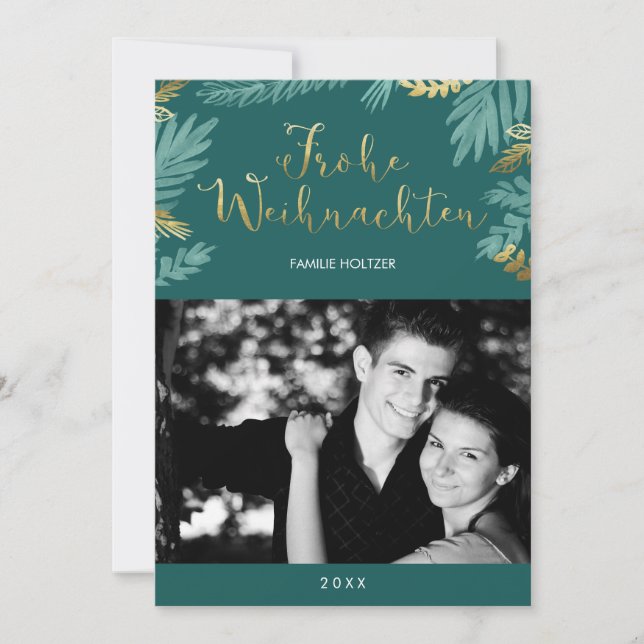 Gold and Green Leaves Frohe Weihnachten Photo Holiday Card (Front)