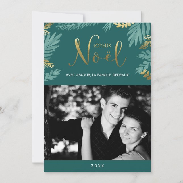 Gold and Green Leaves Joyeux Noël Photo Holiday Card (Front)