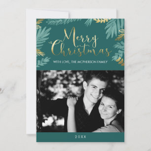 Gold and Green Leaves Merry Christmas Photo Holiday Card