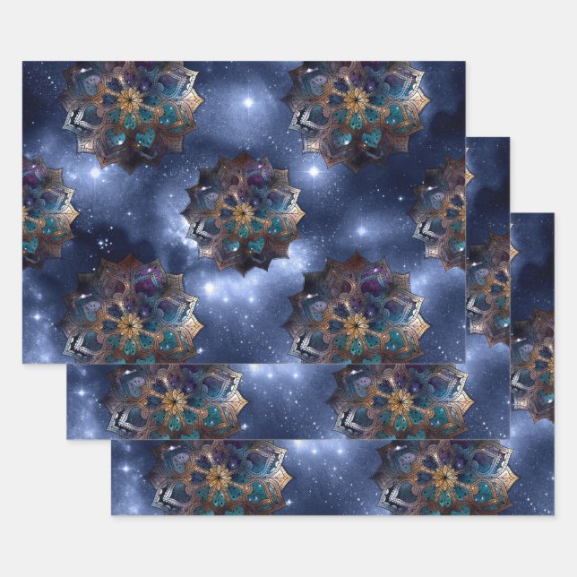 Gold and Green Mandala's on Dark Sky Wrapping Paper Sheets (Set)