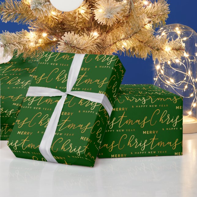 Gold and Green Merry Christmas Word Art Wrapping Paper (Holidays)
