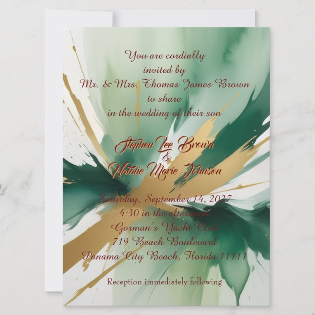Gold and Green Modern Art Wedding Invitation (Front)