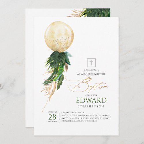 Gold and Green Palm Leaves Balloon Baptism Invitation