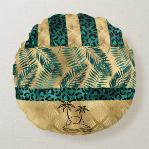 Gold and Green Palm Tree Round Pillow