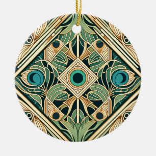 Gold and green peacock abstract feathers texture ceramic ornament