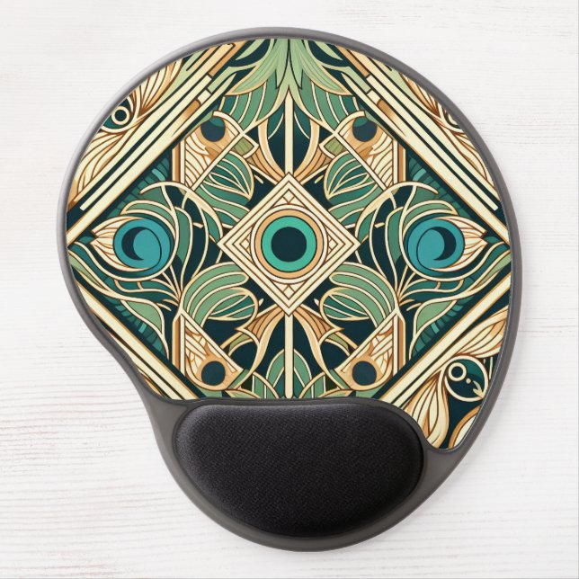 Gold and green peacock abstract feathers texture gel mouse pad (Front)