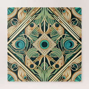 Gold and green peacock abstract feathers texture jigsaw puzzle