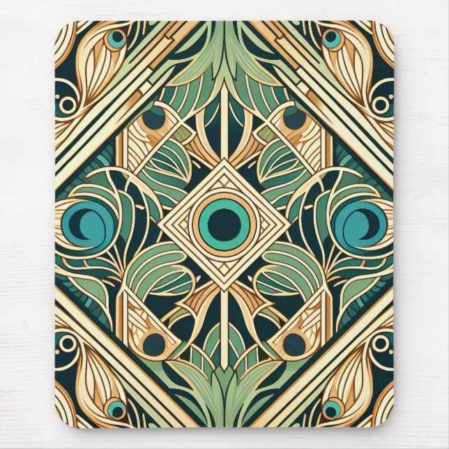 Gold and green peacock abstract feathers texture mouse pad (Front)