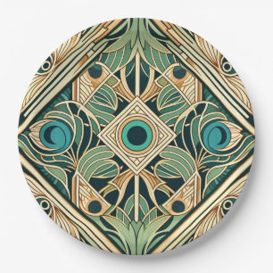 Gold and green peacock abstract feathers texture paper plates