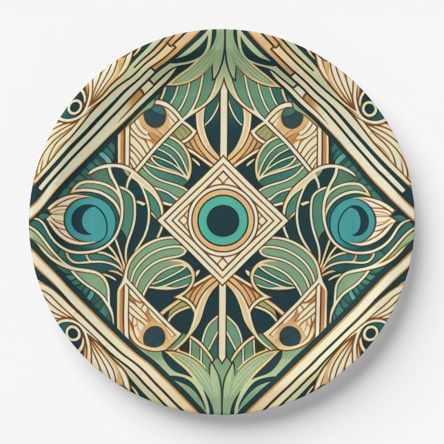 Gold and green peacock abstract feathers texture paper plates (Front)
