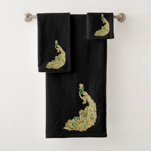 Gold and green peacock glimmering brightly bath towel set