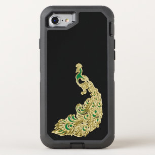 Gold and green peacock glimmering brightly OtterBox defender iPhone SE/8/7 case