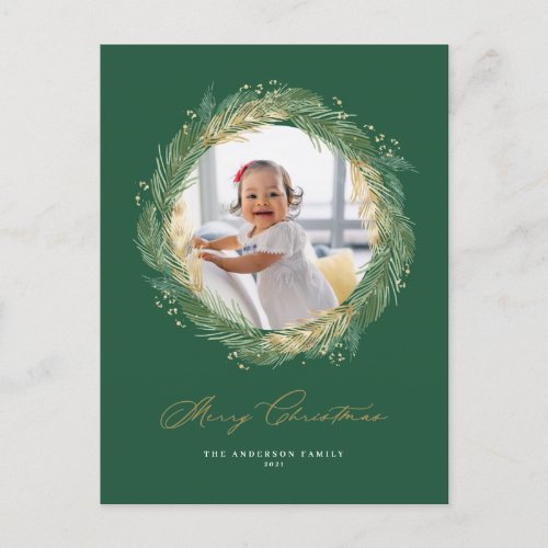 Gold and Green Pine Needles Wreath Christmas Photo Holiday Postcard
