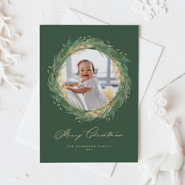 Gold and Green Pine Needles Wreath Christmas Photo Holiday Postcard (Faux Gold Foil Pine Needles Wreath Merry Christmas Photo Holiday Postcard)