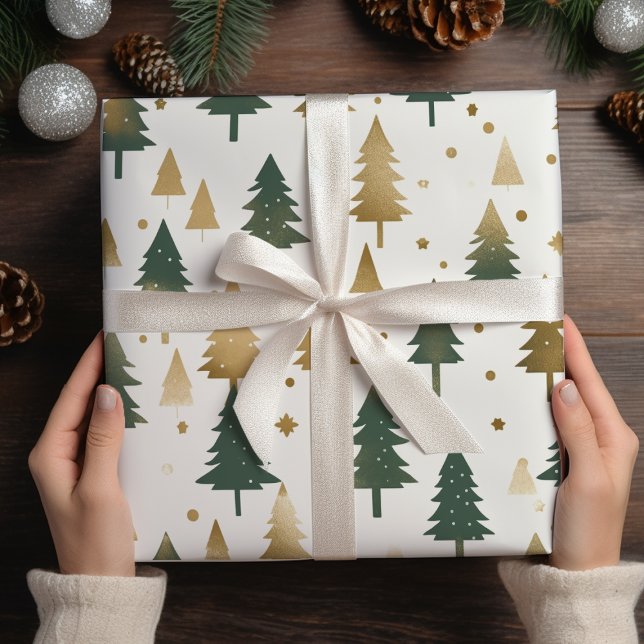 Gold And Green Pine Trees Christmas Wrapping Paper Sheets (Creator Uploaded)