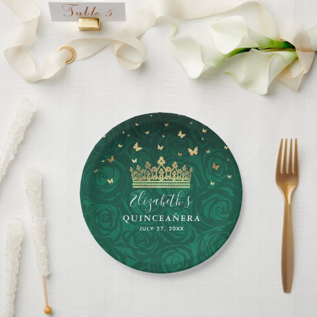 Gold and Green Quinceanera Birthday Party Template Paper Plates (Wedding)