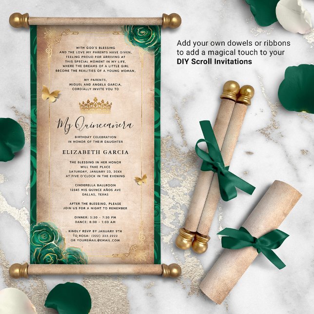 Gold and Green Quinceanera DIY Scroll Invitations (DIY scrolls do not come with dowels. Add your own or roll up with a ribbon for a personalized touch!)