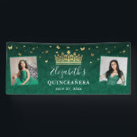 Gold and Green Roses 2 Photo Birthday Quinceanera Banner<br><div class="desc">Searching for beautiful ideas to give your guests a warm welcome at a green and gold themed party? You can create your own large DIY photo template banners and personalize them with your own custom text and photos. The original, floral artwork by Raphaela Wilson depicts a glitter sparkle faux metallic...</div>