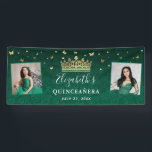 Gold and Green Roses 2 Photo Birthday Quinceanera Banner<br><div class="desc">Searching for beautiful ideas to give your guests a warm welcome at a green and gold themed party? You can create your own large DIY photo template banners and personalize them with your own custom text and photos. The original, floral artwork by Raphaela Wilson depicts a glitter sparkle faux metallic...</div>