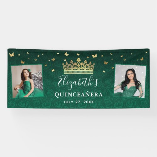 Gold and Green Roses 2 Photo Birthday Quinceanera Banner